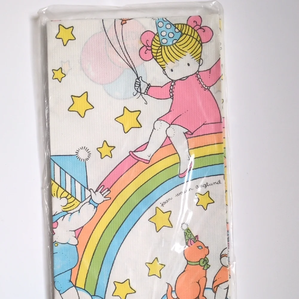 Vintage 80s Hallmark Rainbow Cat Birthday‎ Party Tablecloth Joan Walsh Angulnd